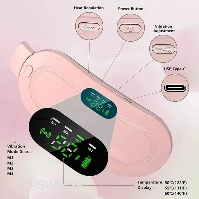 Pink electronic device with control panel and labeled components on a light pink background