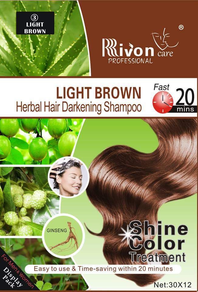 Rivon Care Professional Light Brown Herbal Hair Darkening Shampoo packaging, featuring a brown and green design with a large image of wavy light brown hair, aloe vera, green berries, and a ginseng illustration.
