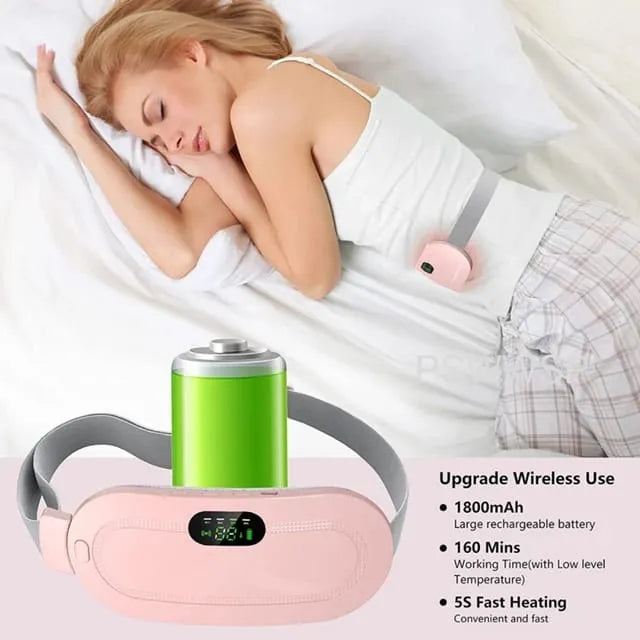 Woman lying down with a pink neck massager and green battery pack on a white background