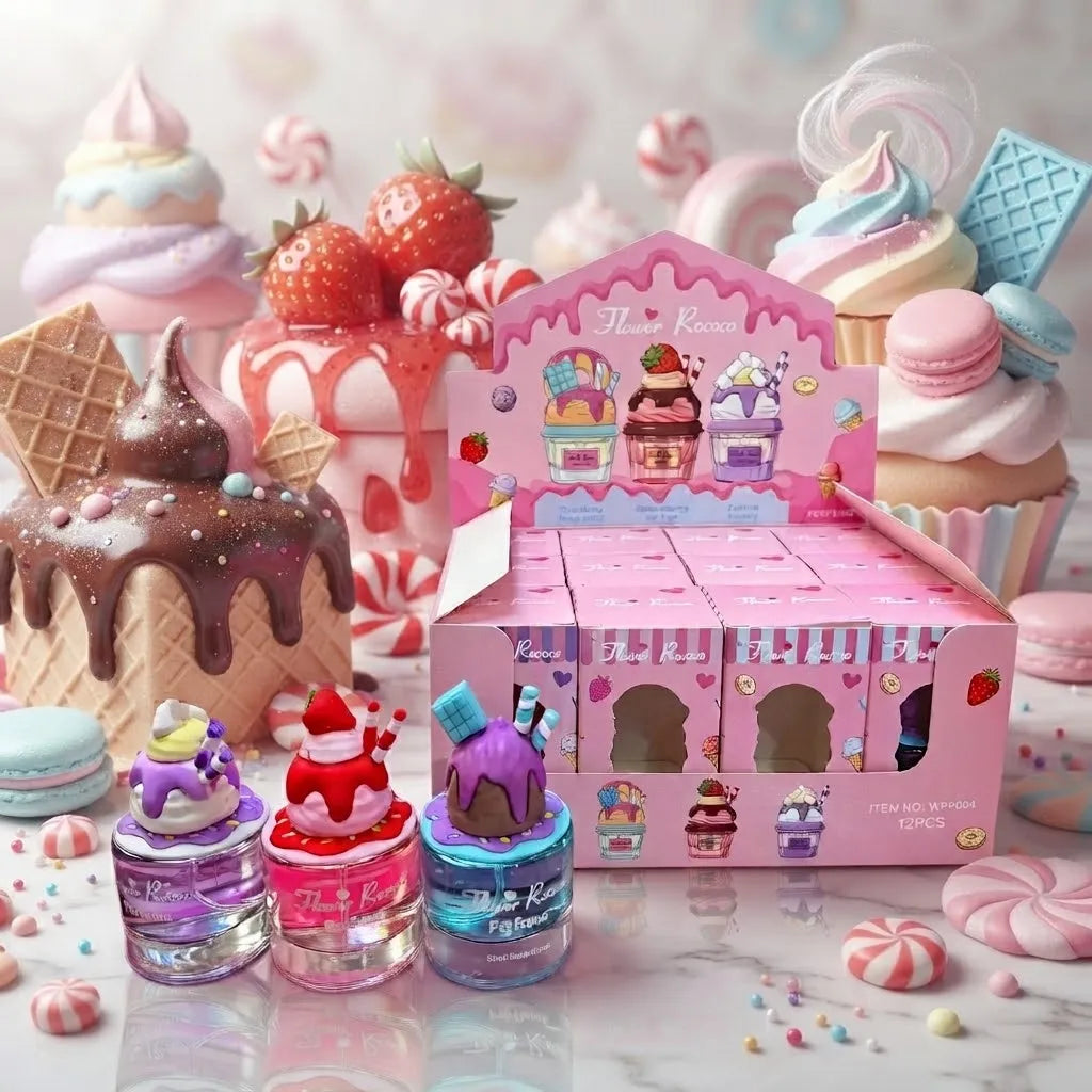 A pink display box labeled 'Flower Recess' surrounded by cute dessert-themed miniature figurines and small jars, including cupcakes, macarons, strawberries, ice cream cones, and colorful candy-like accessories on a pastel background.