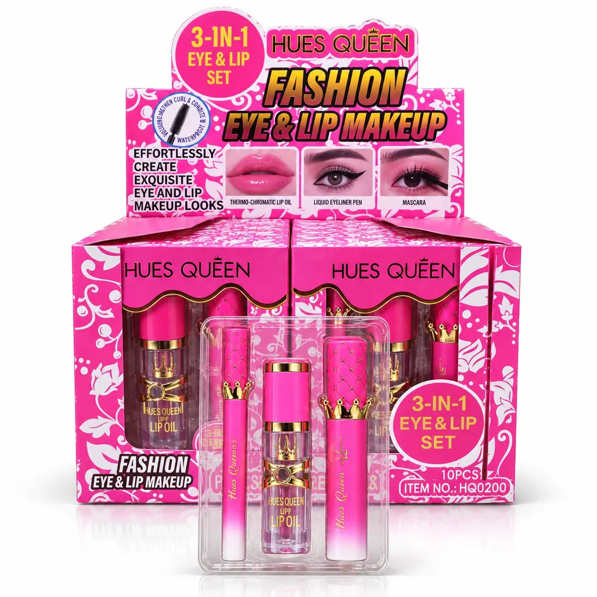 HUES QUEEN 3-in-1 Eye & Lip Set – Lip Oil, Eyeliner & Mascara