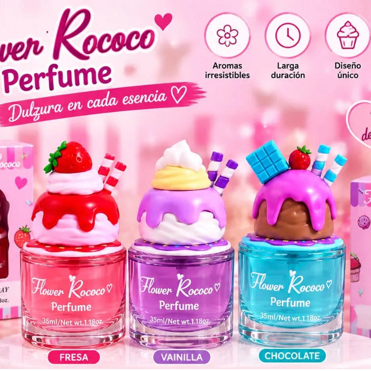Promotional graphic for Flower Rococo Perfume featuring three cupcake-themed perfume spray bottles in pink, purple, and blue, with their retail boxes behind them. The image includes Spanish text, icons about aromas and design, and a smaller inset showing a dark chocolate-flavored bottle.