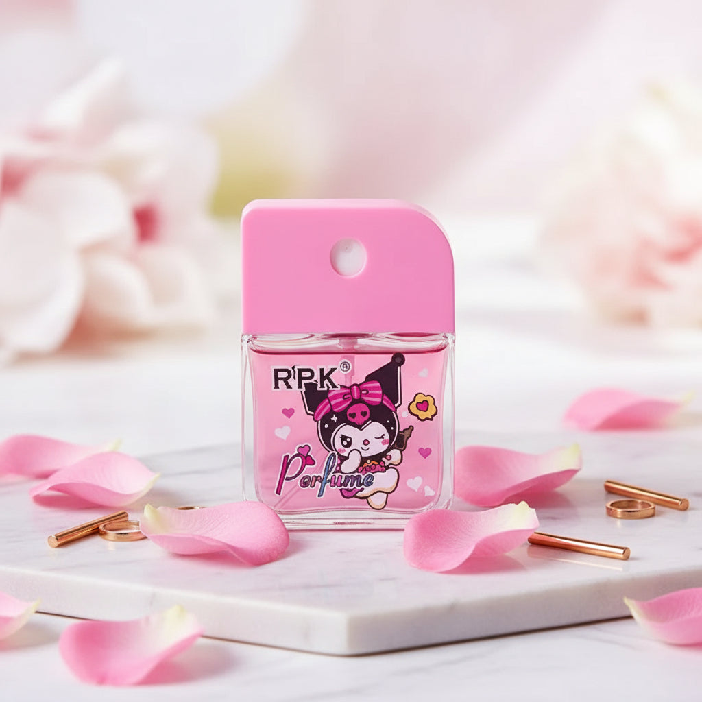 A hand holding a small pink and purple perfume atomizer bottle with a cartoon character on the front, set against a blue sky and clouds backdrop with daisies in the foreground.