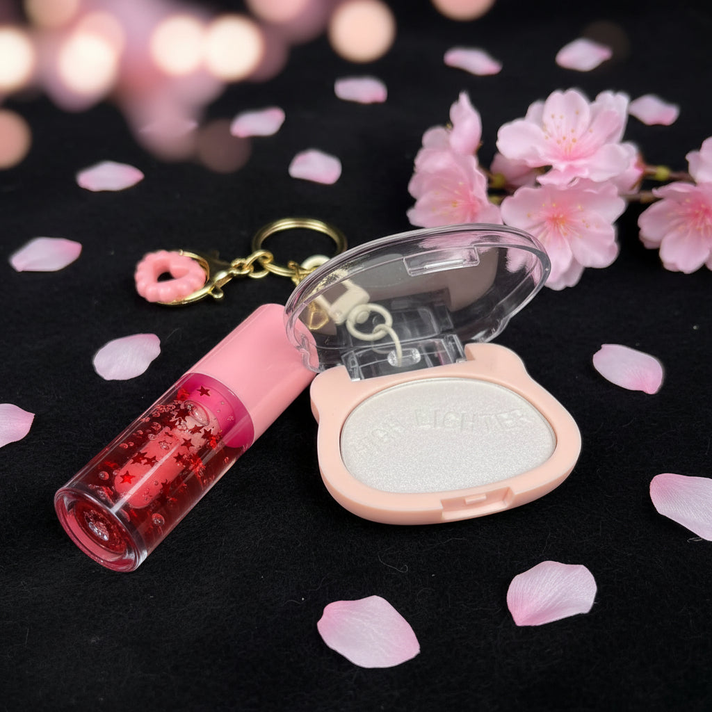 A pink cat-shaped highlighter compact with a clear lid, shown next to a pink lip gloss tube filled with red star-shaped glitter, a pink cherry blossom keychain, and a pink strap on a black textured background.