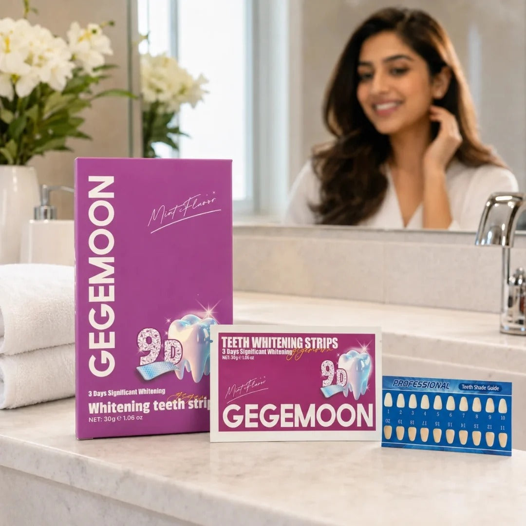 Gegemoon teeth whitening products displayed on a bathroom counter with a woman smiling in the background. The products include a purple box of 9D Whitening Strips, a pink box of Teeth Whitening Strips, and a blue shade guide card.