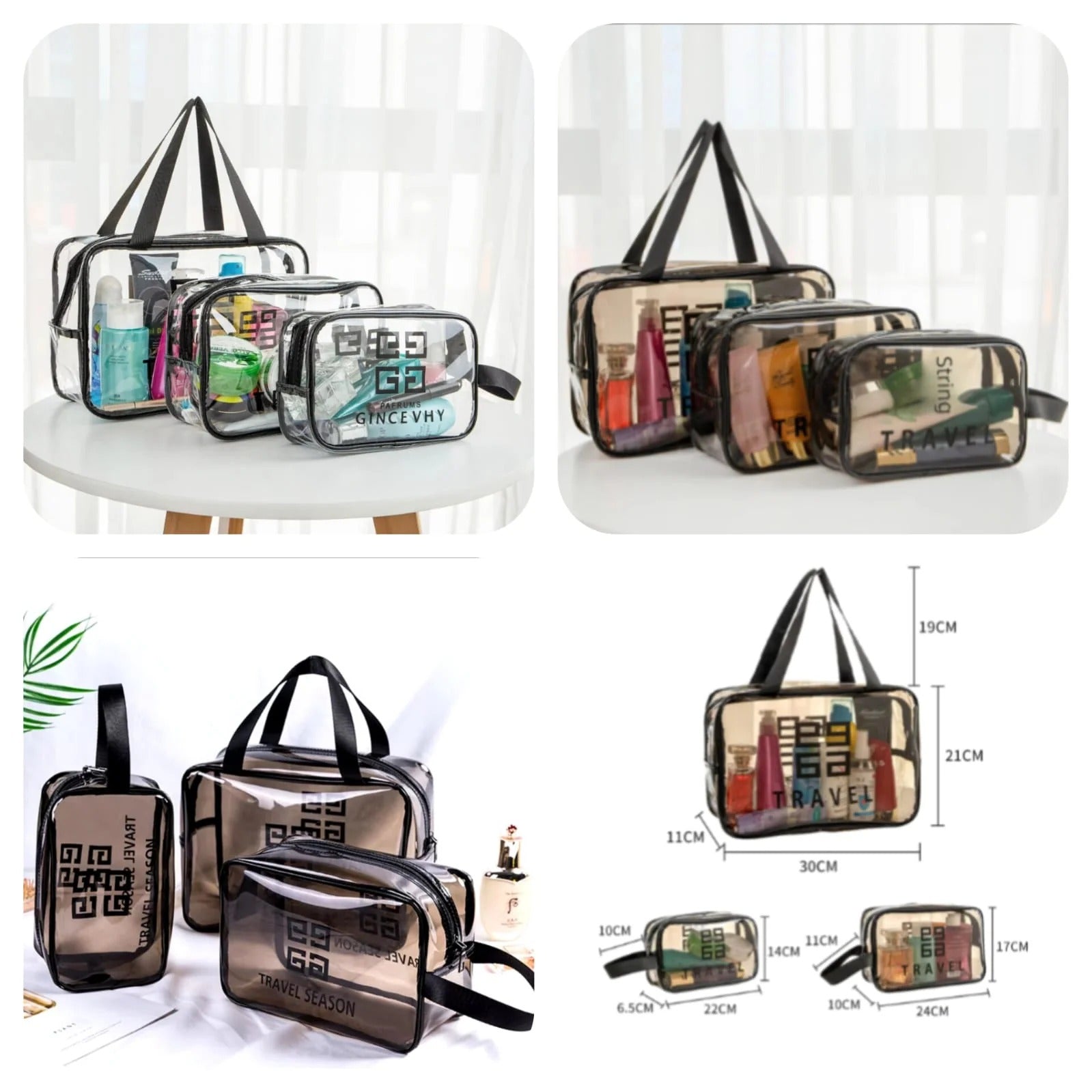 Transparent travel bags with visible contents on a white background