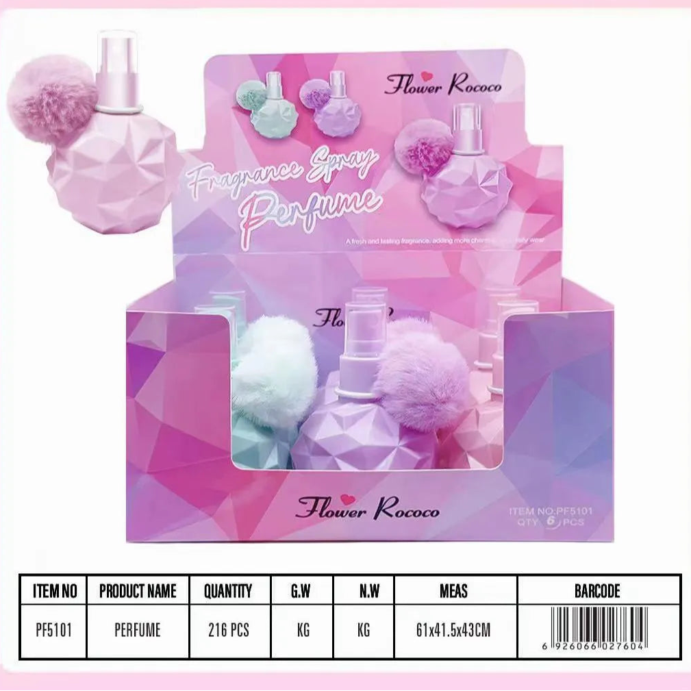 Flower Rococo Fragrance Spray Perfume packaging display with multiple faceted pink perfume bottles and fluffy pom-pom tops, shown on a pink geometric background with a product info table at the bottom.