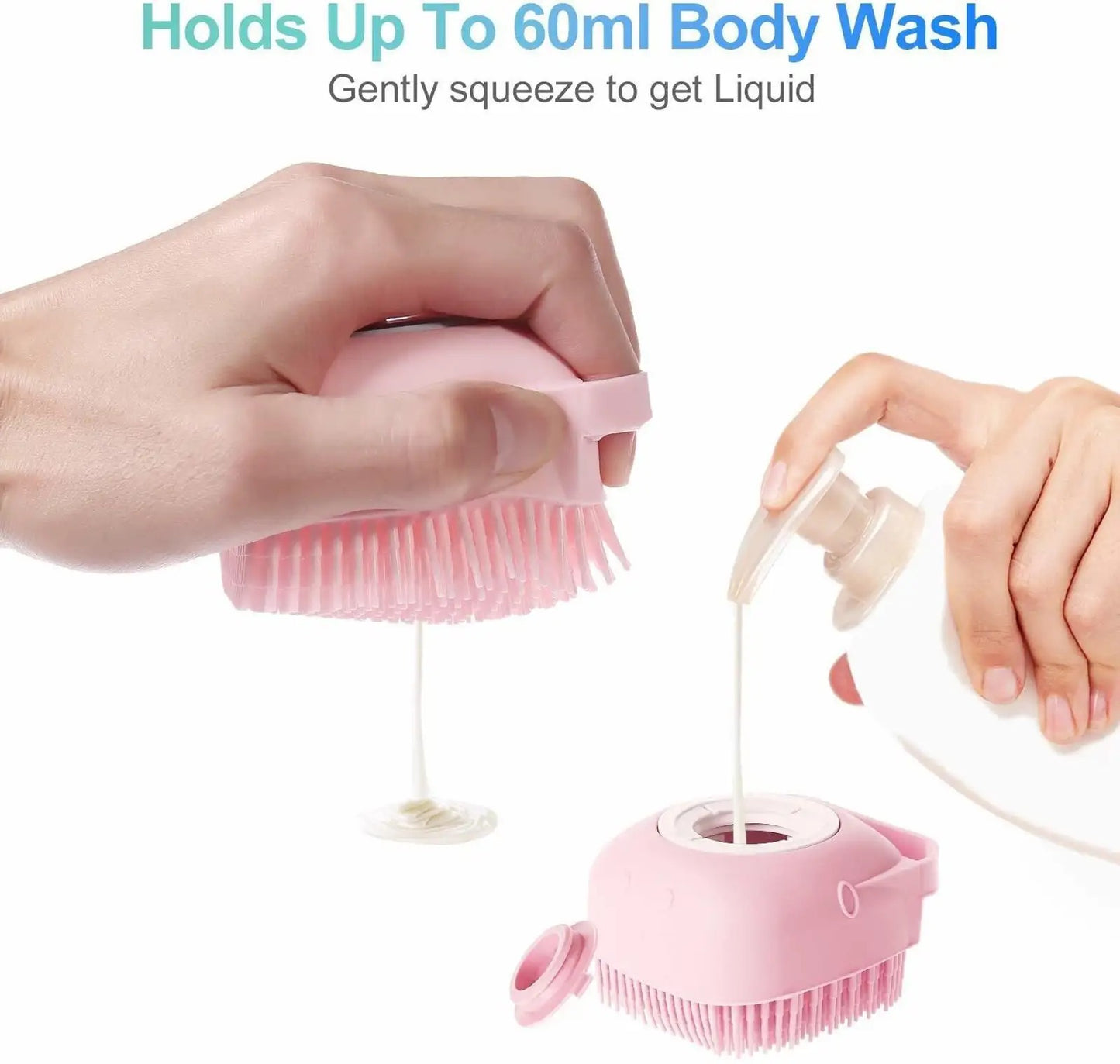 Pink body wash holder with a pump and scrubber, held by hands against a white background.