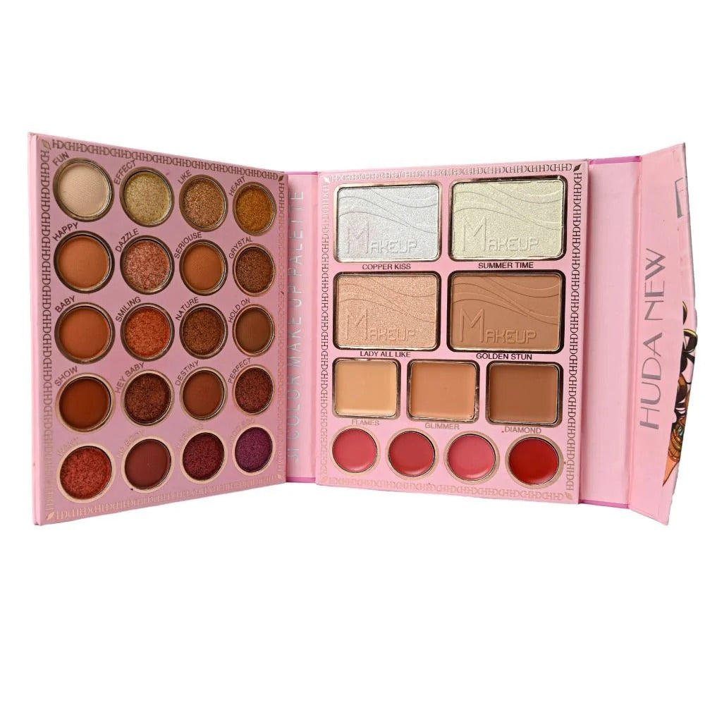 huda Makeup palette with various shades on a white background