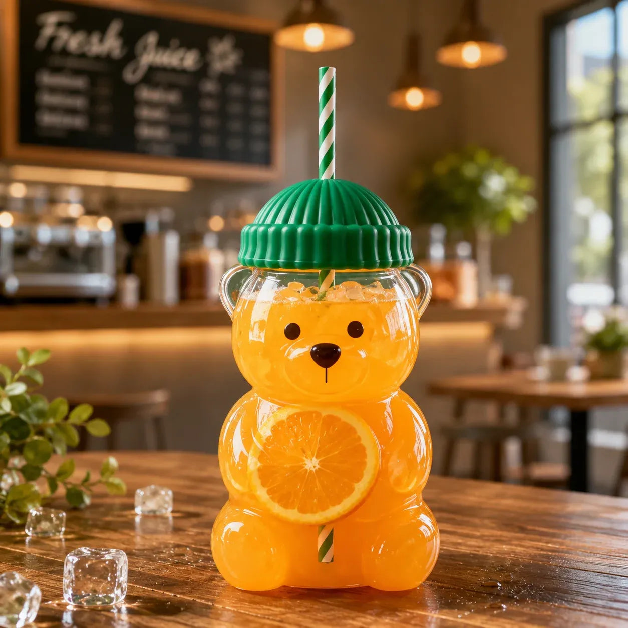 A bear-shaped clear plastic drink cup filled with orange juice, topped with a green lid and a green-and-white striped straw, sitting on a wooden table in a cafe setting.
