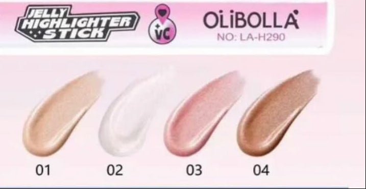 Olibolla Sparkle Glow Jelly All Highlighter 3 Sticks display set in pink packaging, featuring four different highlighter stick colors (beige, white, pink, and light blue) in a retail counter display with cartoon Powerpuff Girls graphics and shade swatches at the bottom.