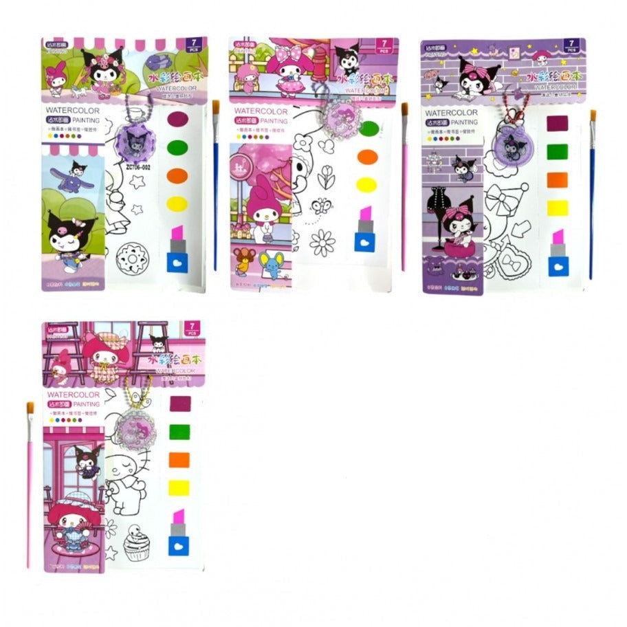 Set of coloring books with cartoon characters and watercolor paint illustrations on a white background.