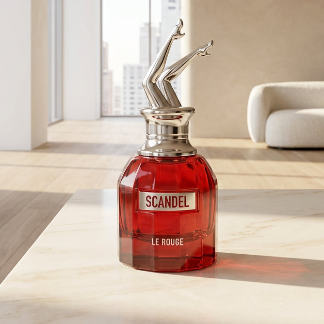 A hand holding a small red glass perfume bottle with a silver cap and two finger-like spouts, labeled 'SCANDEL LE ROUGE'. The background shows a blurry indoor setting with wooden furniture and a tiled floor.
