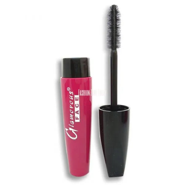Glamorous Face mascara shown with its pink and black tube and the applicator wand on a white background.