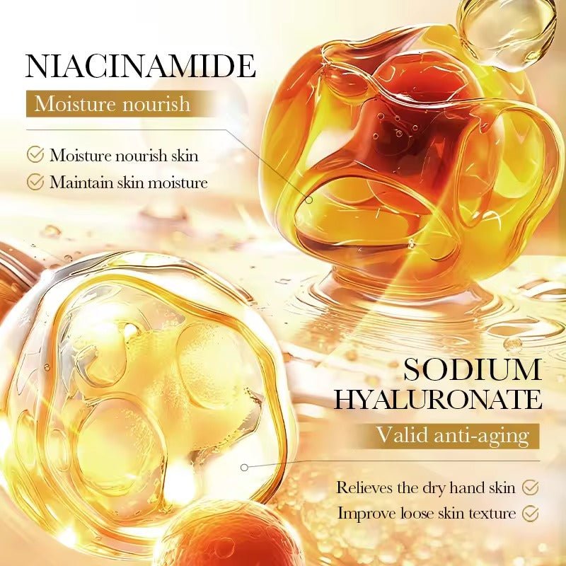 Promotional graphic for skincare ingredients featuring golden-yellow and amber liquid droplets with text reading 'NIACINAMIDE Moisture nourish' and 'SODIUM HYALURONATE Valid anti-aging'.