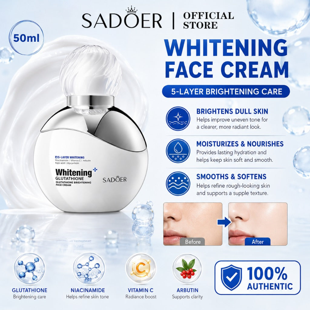Sadoer Whitening Face Cream bottle on a light blue graphic background with text detailing its 5-layer brightening care, before-and-after nose skin results, and ingredient highlights.