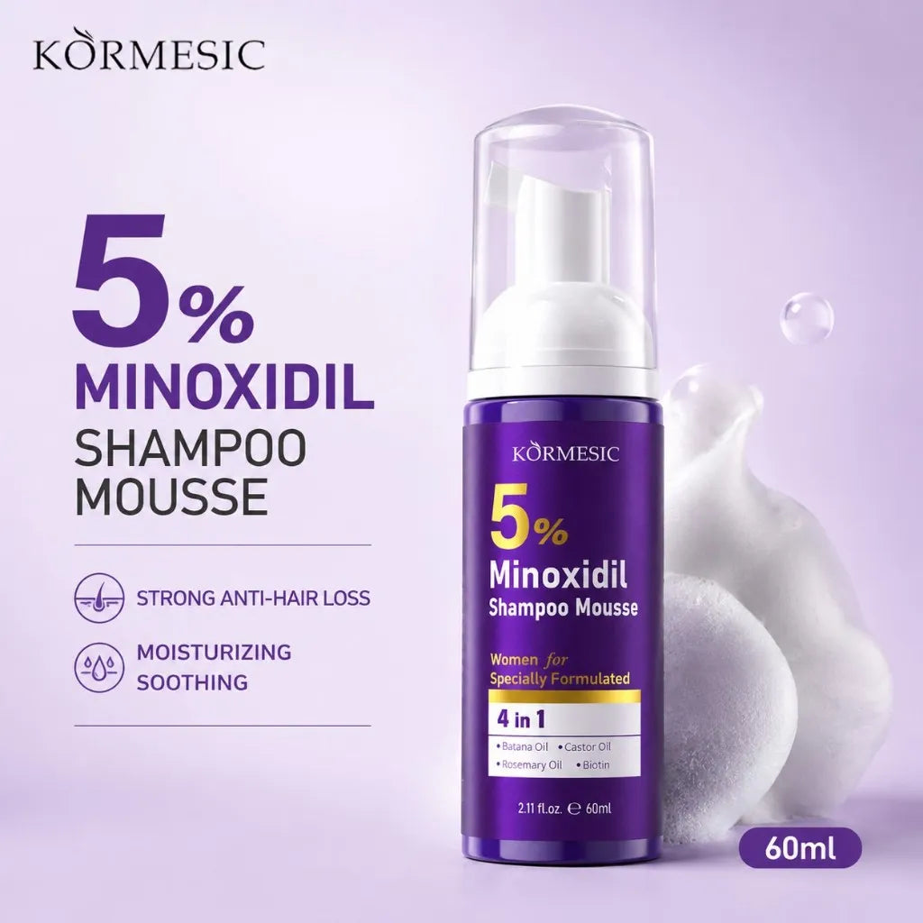 Körmesic 5% Minoxidil Shampoo Mousse bottle in purple packaging with a clear cap, shown on a light lavender background with promotional text and white foam graphics.