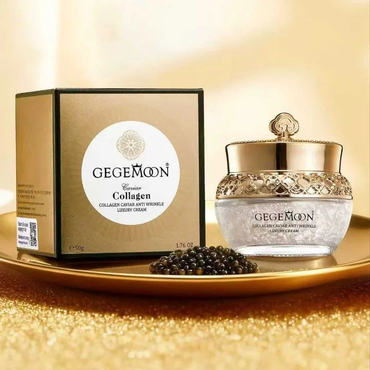 GEGEMOON Collagen Caviar Anti-Wrinkle Luxury Cream shown with its gold and black outer box and a clear jar with a gold lid, placed on a gold tray with caviar against a warm golden background.