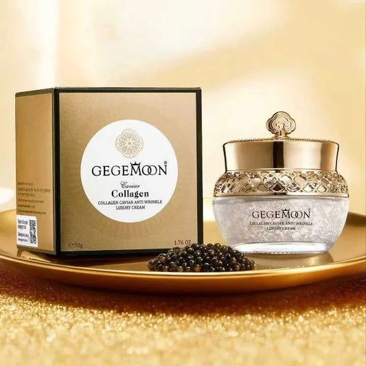 GEGEMOON Collagen Caviar Anti-Wrinkle Luxury Cream shown with its gold and black outer box and a clear jar with a gold lid, placed on a gold tray with caviar against a warm golden background.