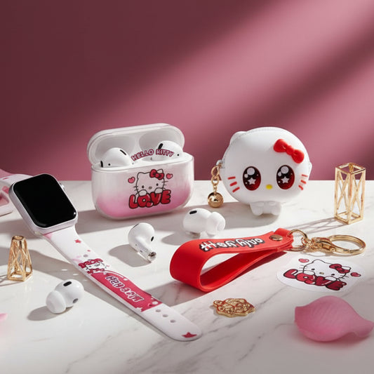 Hello Kitty themed stress relief phone case set in a clear plastic box, featuring a pink and white phone case, matching earbud case, keychain, and accessories with Hello Kitty illustrations.