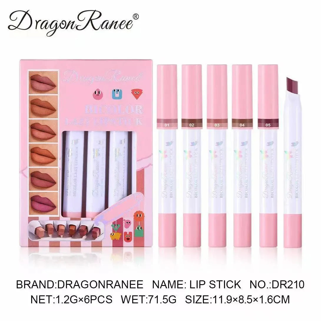 DragonRanee lip stick set with a pink box and five lipsticks displayed upright, alongside a close-up of one lipstick tip. The packaging and sticks are light pink with brown and nude shades visible through the window and on the tip.