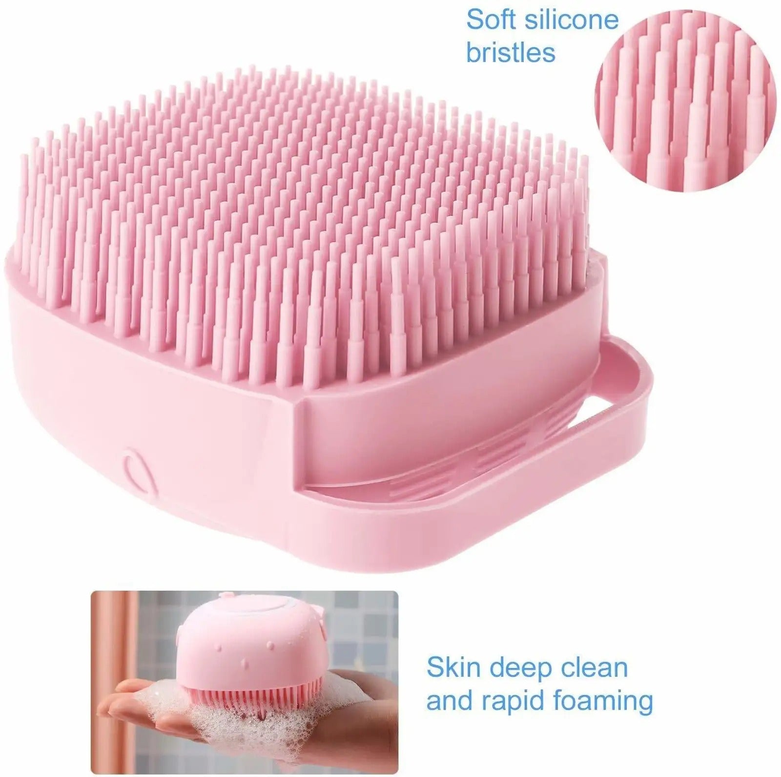 Pink silicone cleaning brush with soft bristles and text highlighting features on a white background.