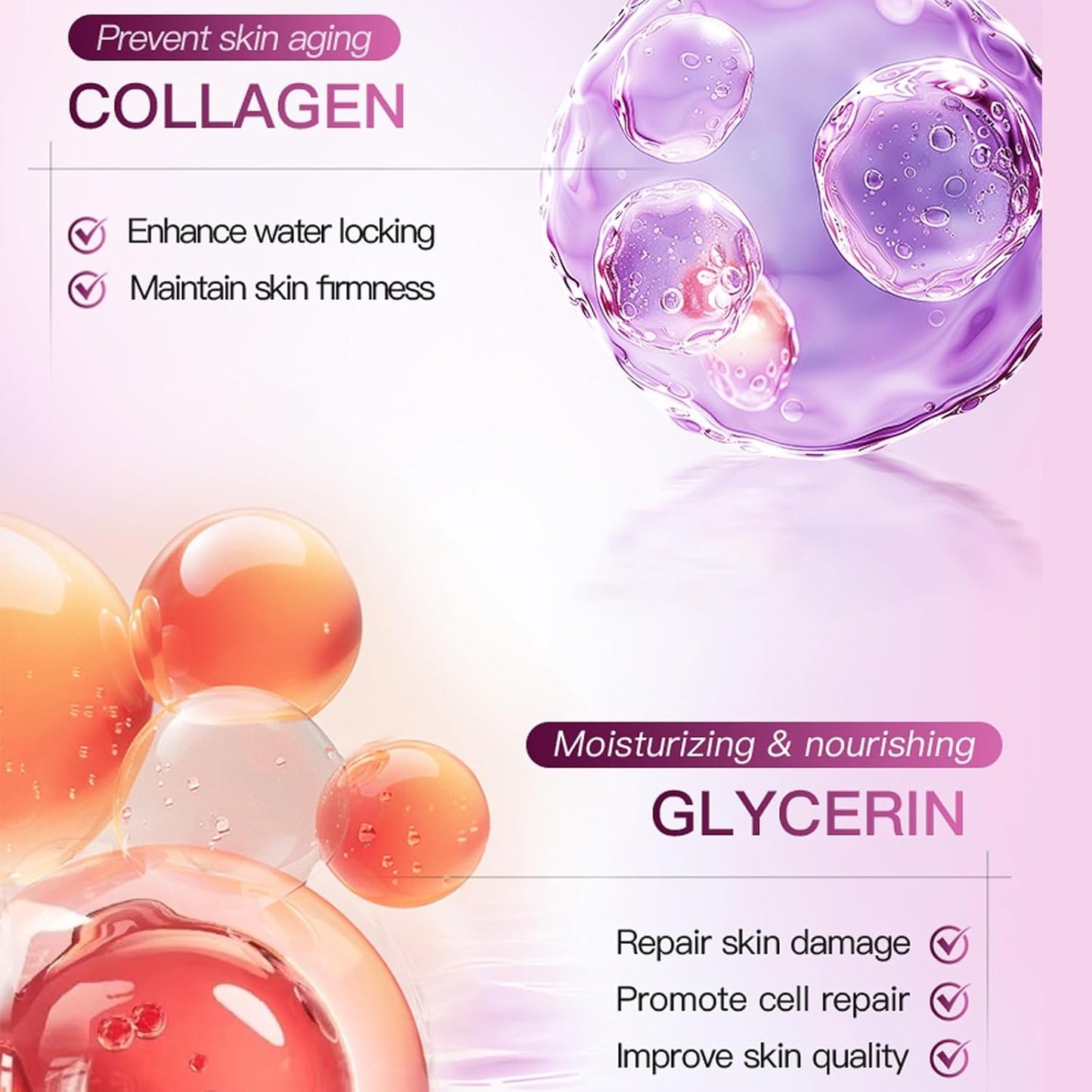 A cosmetic ingredient marketing graphic for collagen and glycerin. The top right shows a translucent purple collagen molecule, and the bottom left shows orange and clear glycerin droplets.