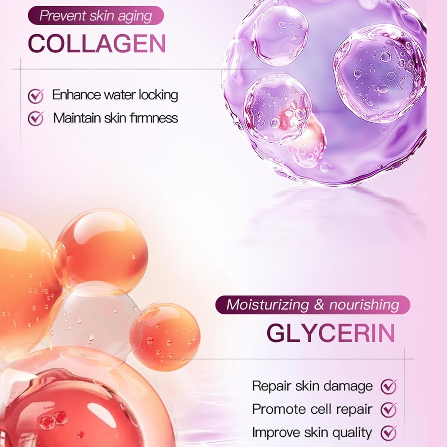 A cosmetic ingredient marketing graphic for collagen and glycerin. The top right shows a translucent purple collagen molecule, and the bottom left shows orange and clear glycerin droplets.