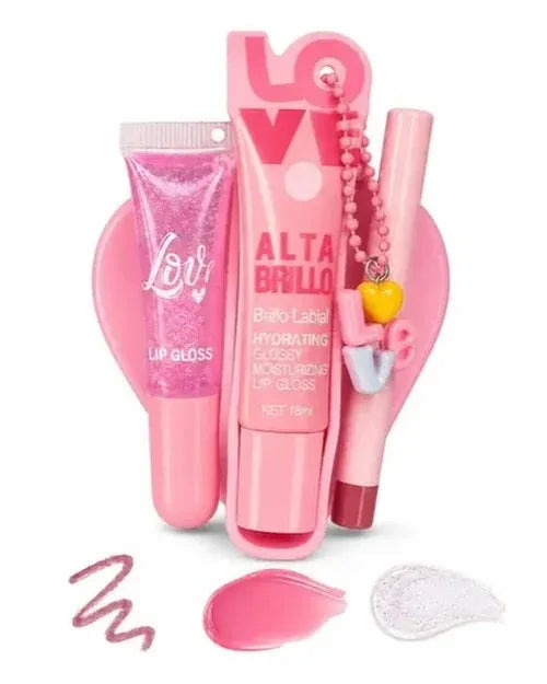 A pink lip care set featuring a glittery pink lip gloss tube, a pink lip balm stick, and a pink lip gloss stick with a charm, displayed on a white background with product swatches below.