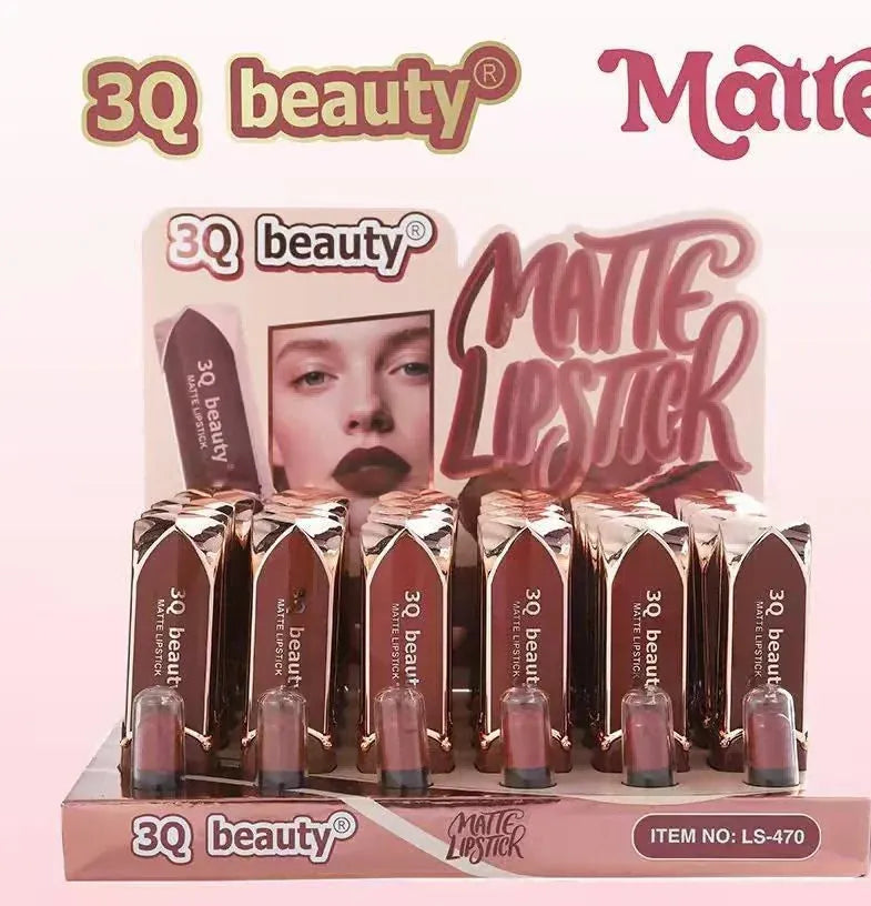 3Q beauty Matte Lipstick set with packaging, lipsticks, and color swatches on a pink background