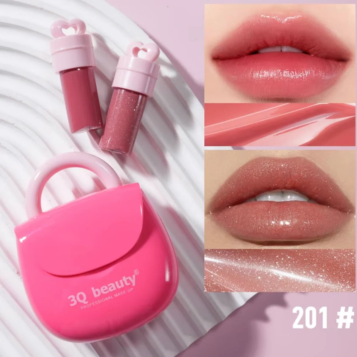Pink lip gloss with case and close-up of lips wearing the product, featuring 3Q beauty branding.