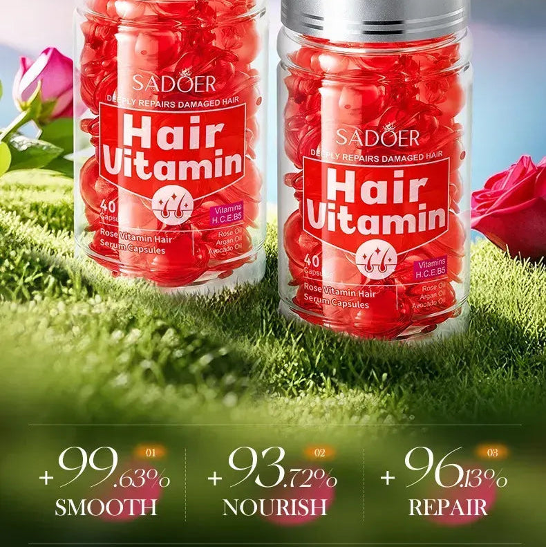 Two jars of SADOER Hair Uvitamin hair supplements displayed on a grassy field with pink roses and a sunset sky background. The left jar is filled with red gel capsules, and the right jar has a silver lid with red capsules inside.