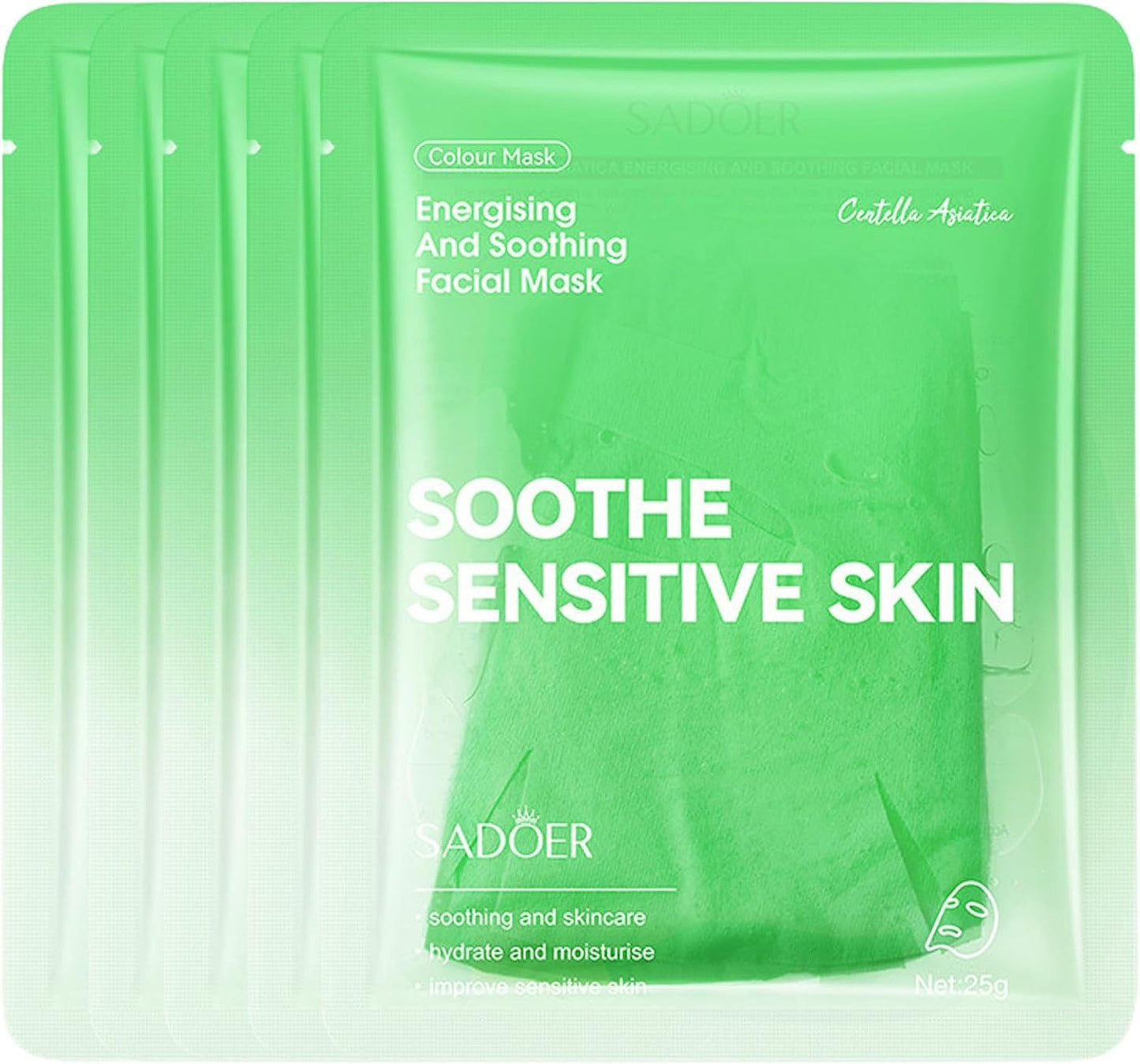 Five green Sadoer Colour Mask sachets arranged in a fan shape, with the center packet showing the text 'SOothe SENSITIVE SKIN' and 'Energising And Soothing Facial Mask'.