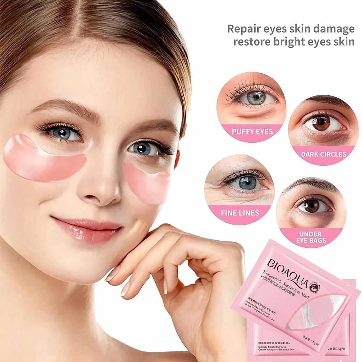 A woman with pink under-eye patches applied to her cheeks is shown beside product packaging and circular close-ups of eyes labeled puffy eyes, dark circles, fine lines, and under eye bags. Text reads: 'Repair eyes skin damage restore bright eyes skin.