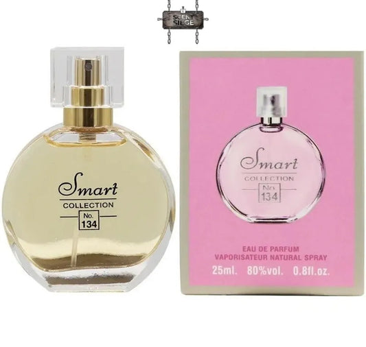 A bottle of Smart Collection No. 134 Eau de Parfum next to its pink packaging box, featuring a gold spray nozzle and a clear cap, on a white background.