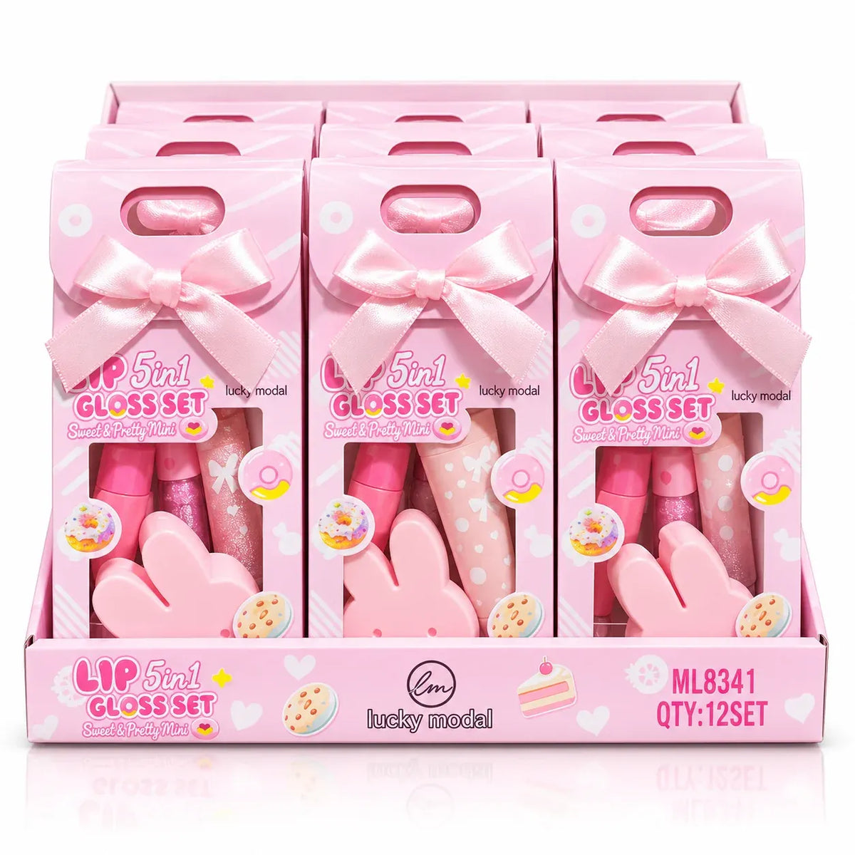 A retail display box containing six pink packages of 'Lip 5-in-1 Gloss Set' by 'lucky model'. Each package features a pink satin bow, a clear window showing three pink gloss tubes, and a pink bunny-shaped lip gloss applicator.
