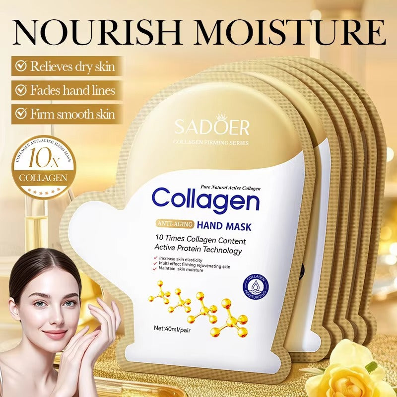 Collagen hand mask packaging with a woman applying it, on a gold background.