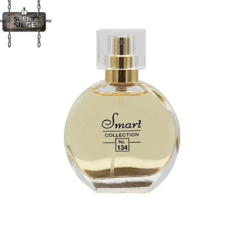 A round glass perfume bottle with a clear cap and gold spray mechanism, filled with pale yellow liquid. The bottle is labeled 'Smart COLLECTION No 134' in black text.