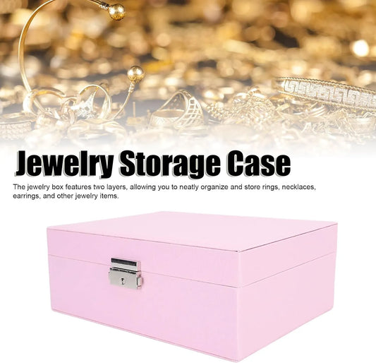 A pink two-layer jewelry storage box with a silver clasp, shown against a white background with a blurred gold jewelry scene at the top and text reading 'Jewelry Storage Case.'.