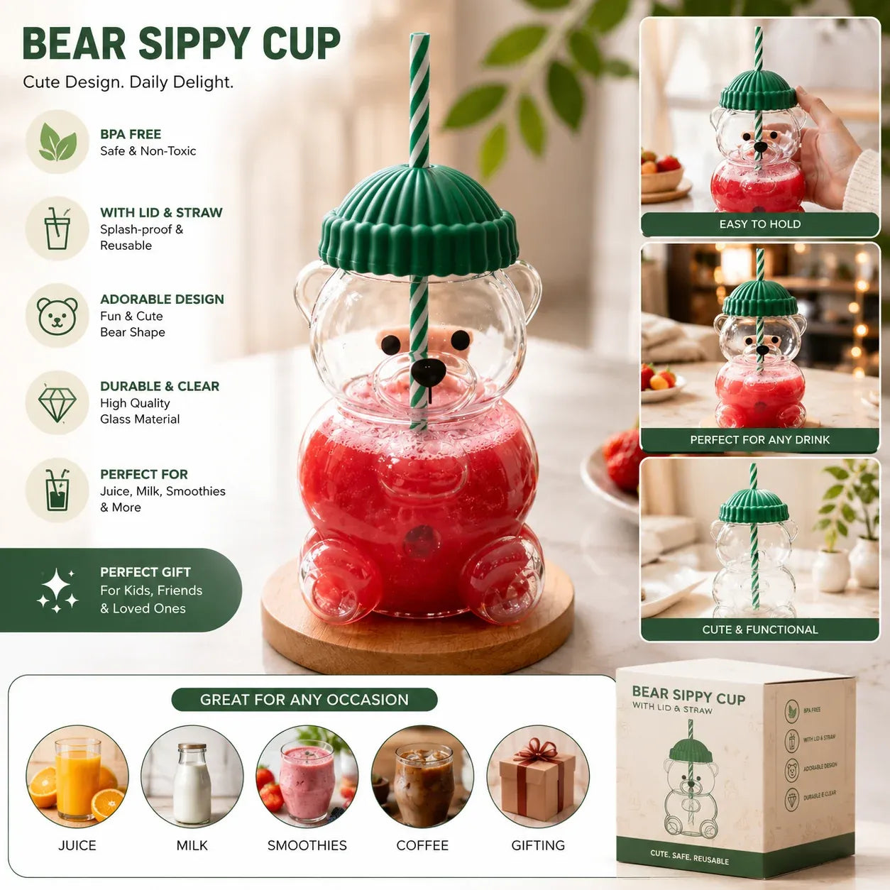 Bear-shaped sippy cup with green lid and straw, filled with red liquid, on a white surface.