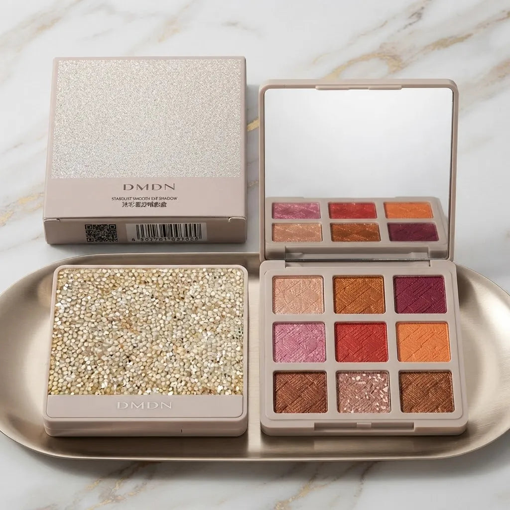 DMDN makeup palette set on a marble surface, featuring a closed glittery gold compact, an open mirror-laden compact with six pink and orange shades, and a larger open palette with nine shimmering warm-toned shades on a beige tray.