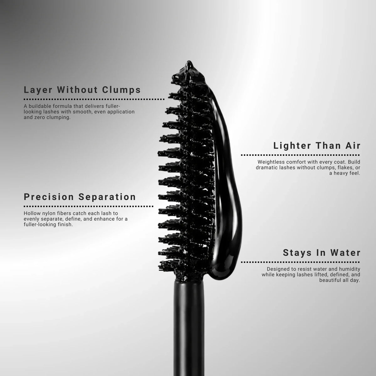 A black hair-building brush with descriptive text callouts on a light gray gradient background.