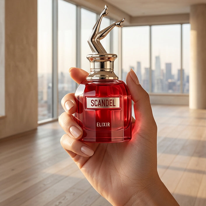 A hand holding a small faceted red perfume bottle labeled 'SCENDEL ELIXIR' with a silver cap, in a retail or shop setting with a 'SCENT SIEGE' sign visible in the upper left