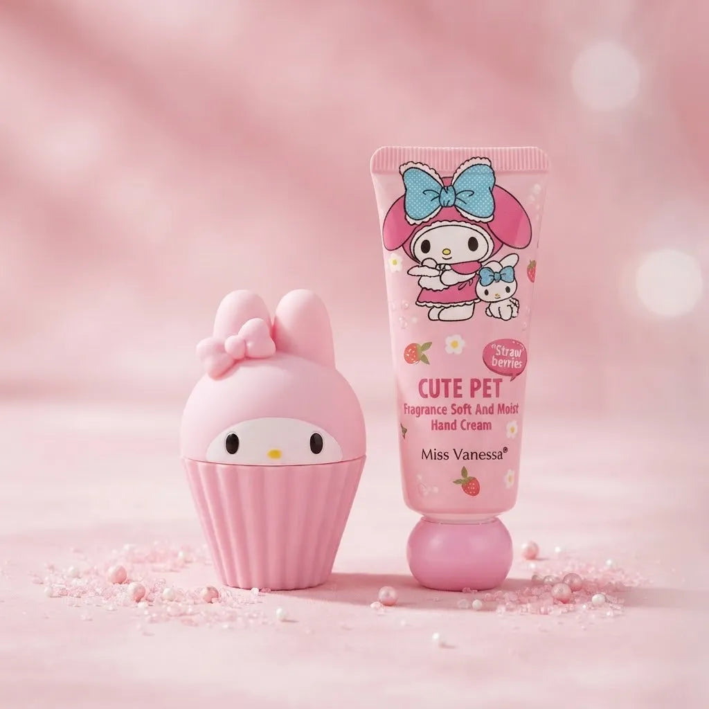 A pink hand cream tube labeled 'CUTE PET' and a matching pink cupcake-shaped container with a My Melody face, set on a soft pink background with decorative petals.