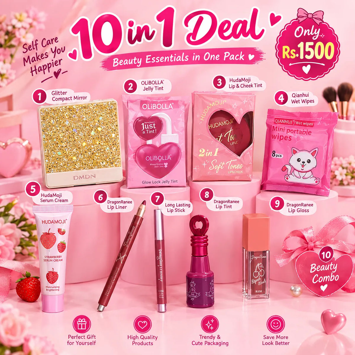 A pink promotional collage showing a 10-in-1 beauty gift combo with multiple cosmetic products arranged on pink pedestals. Visible items include a glitter compact mirror, jelly tint, lip and cheek tint, Qiaohai wet wipes, serum cream, lip liner, lip stick, lip gloss, and a long-lasting lip tint.