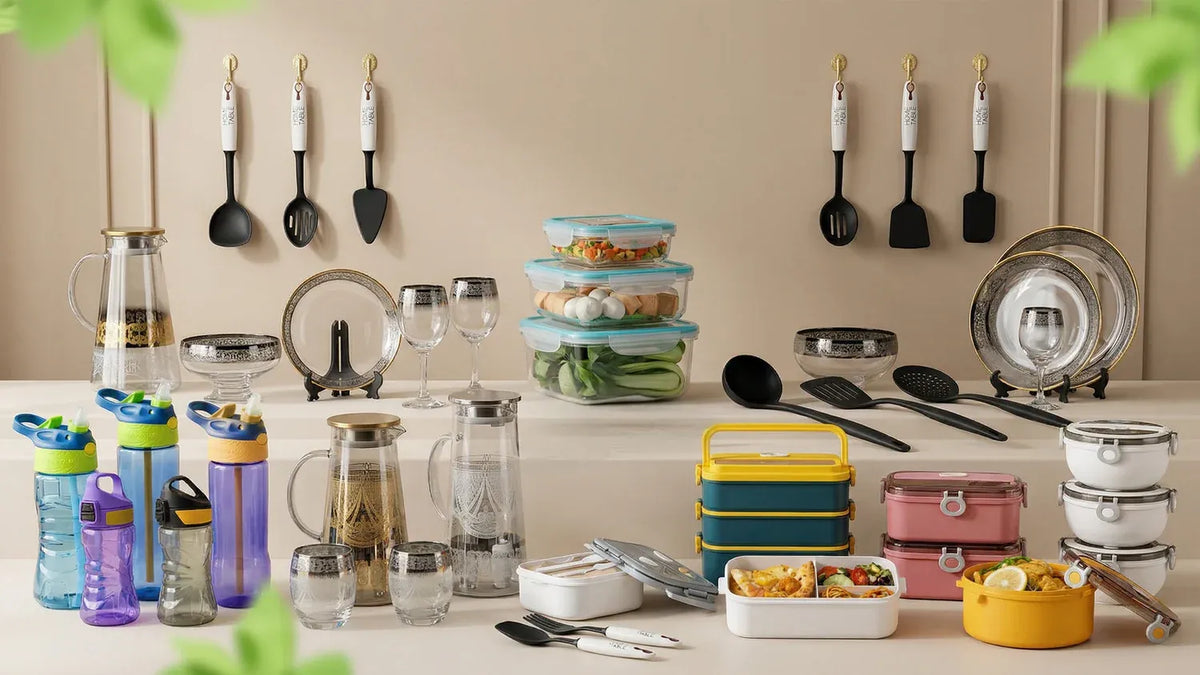 Collection of kitchen items including containers, utensils, and cookware on a table.