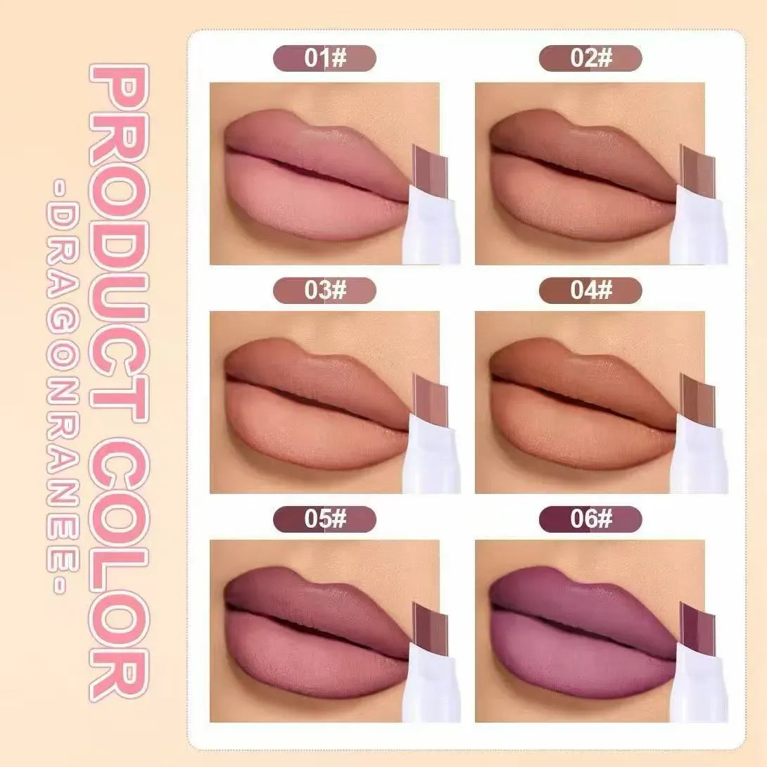 Six lip color swatches labeled 01# to 06# shown on lips, with vertical text reading 'PRODUCT COLOR -DRAGONRAEE' on a peach background. The shades range from dusty pink and mauve to brown and plum.