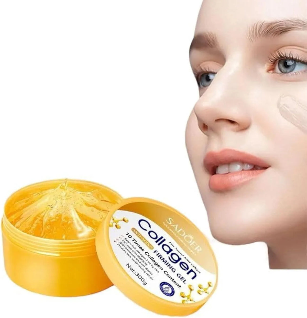 A jar of SADOIER Collagen 3D Facial Wrapping Gel shown open with the lid beside it, next to a close-up of a woman's face with a gel swatch applied to her cheek, on a white background.