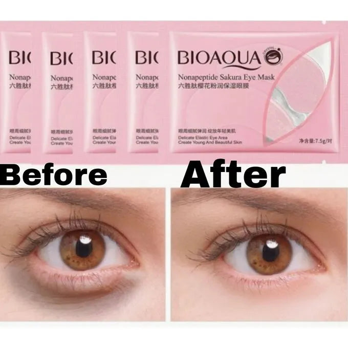 A before-and-after comparison of an eye mask product. The top shows five pink BIOAQUA Nonapе Sakura Eye Mask packets, with 'Before' and 'After' text over two close-up photos of brown eyes demonstrating the claimed cosmetic effect.