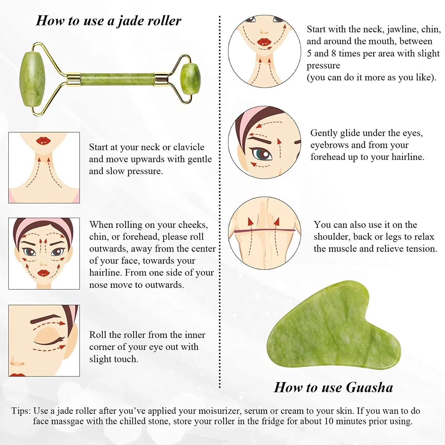 Jade Roller & Gua Sha Facial Tool Set – Anti-Aging Face Massager for Glowing Skin